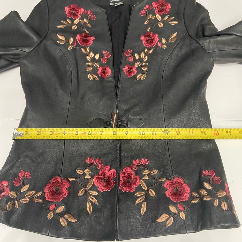 BELLE SPORT Womens Black Leather Jacket Blazer Floral Embroidery Throughout S - Picture 11 of 17